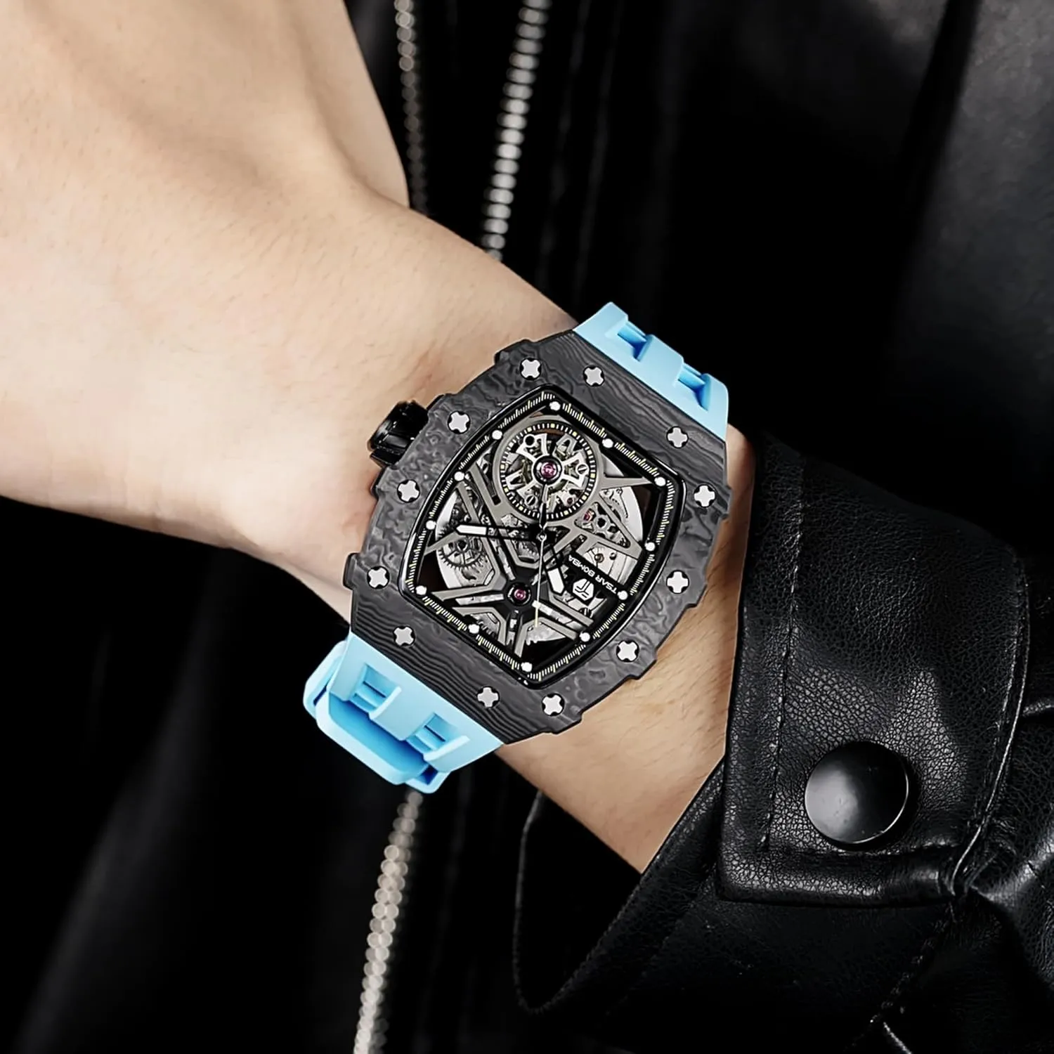 for Men 50M Waterproof Analogue Work Mens Wrist Watch Unique Cool Design Square Big agile systematic metric fare useful jar Face Wristwatch Men's Automatic Watch Mechanical Tonneau Luxury Skeleton Watches 