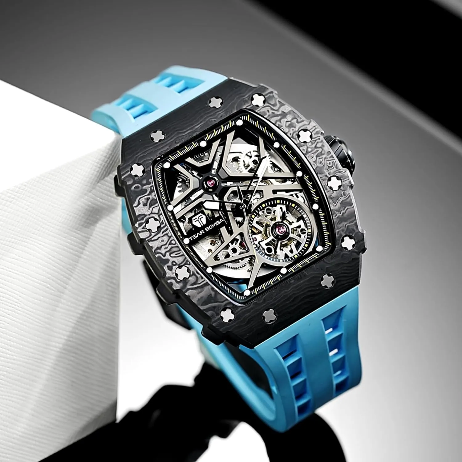 for Men 50M Waterproof Analogue Work Mens Wrist Watch Unique Cool Design Square Big agile systematic metric fare useful jar Face Wristwatch Men's Automatic Watch Mechanical Tonneau Luxury Skeleton Watches 