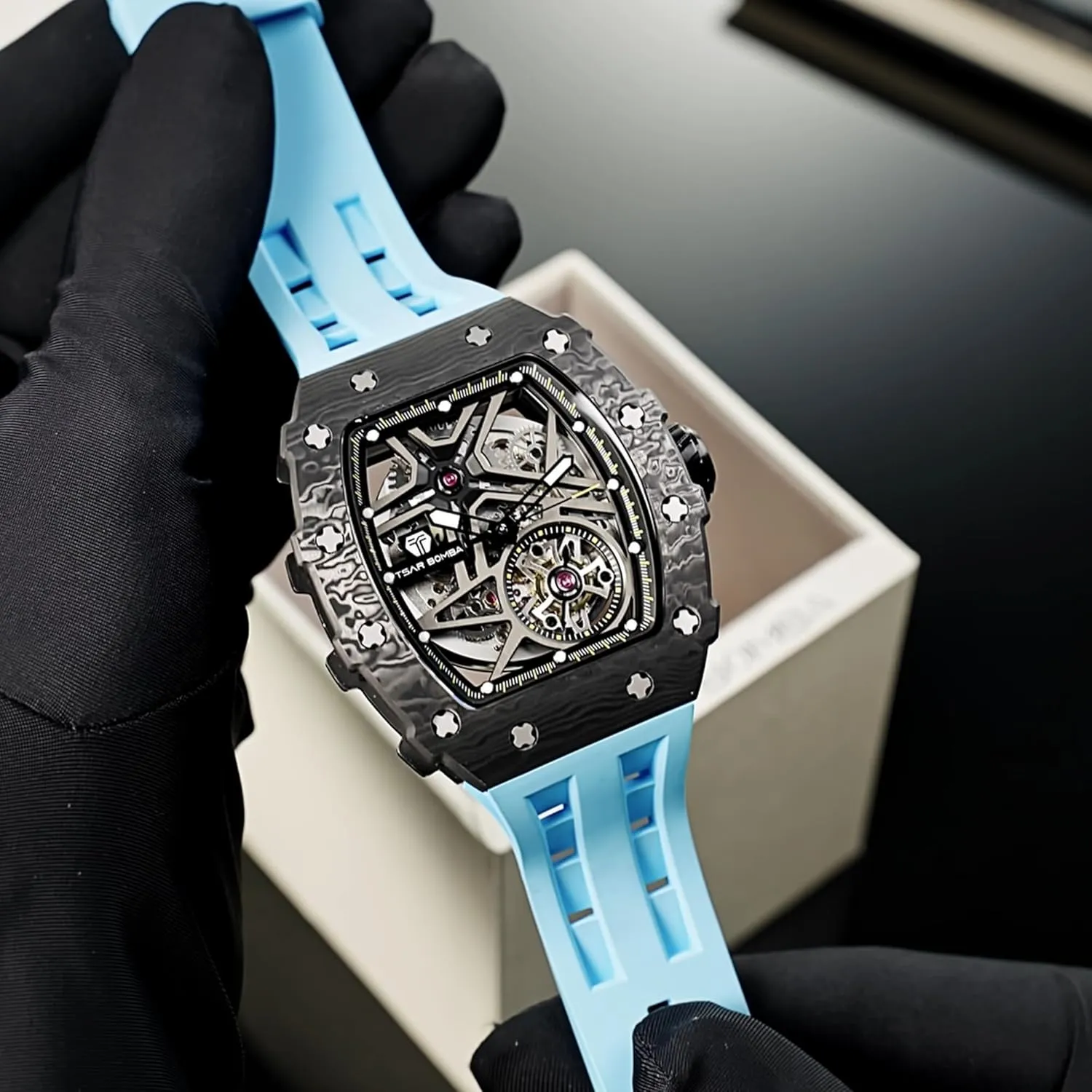 for Men 50M Waterproof Analogue Work Mens Wrist Watch Unique Cool Design Square Big agile systematic metric fare useful jar Face Wristwatch Men's Automatic Watch Mechanical Tonneau Luxury Skeleton Watches 