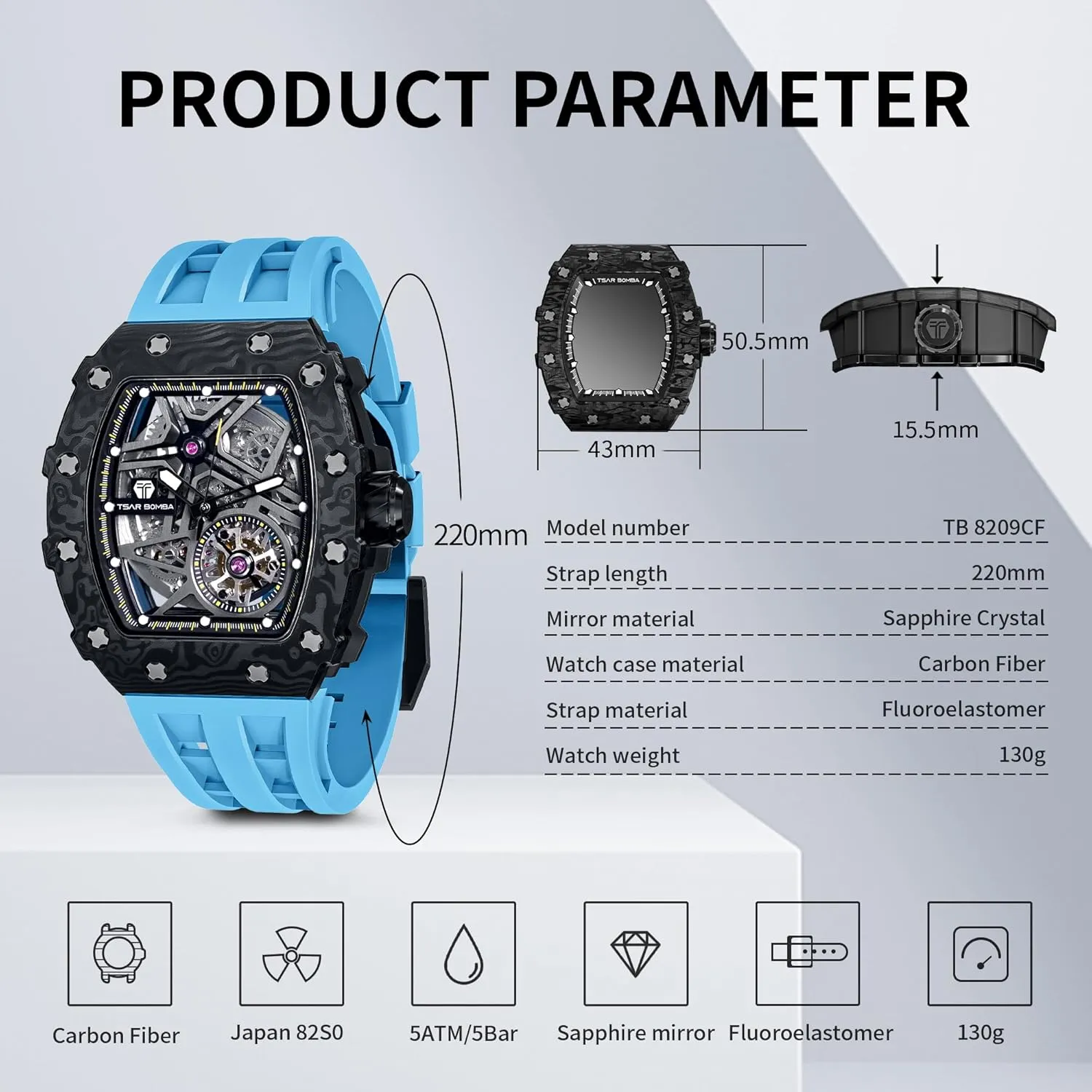 for Men 50M Waterproof Analogue Work Mens Wrist Watch Unique Cool Design Square Big agile systematic metric fare useful jar Face Wristwatch Men's Automatic Watch Mechanical Tonneau Luxury Skeleton Watches 