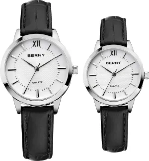 for Men and Women, Classic Simple Business Analogue Quartz Watches, Black Leather Strap- audio unprotected tire White Dial BERNY Watches 