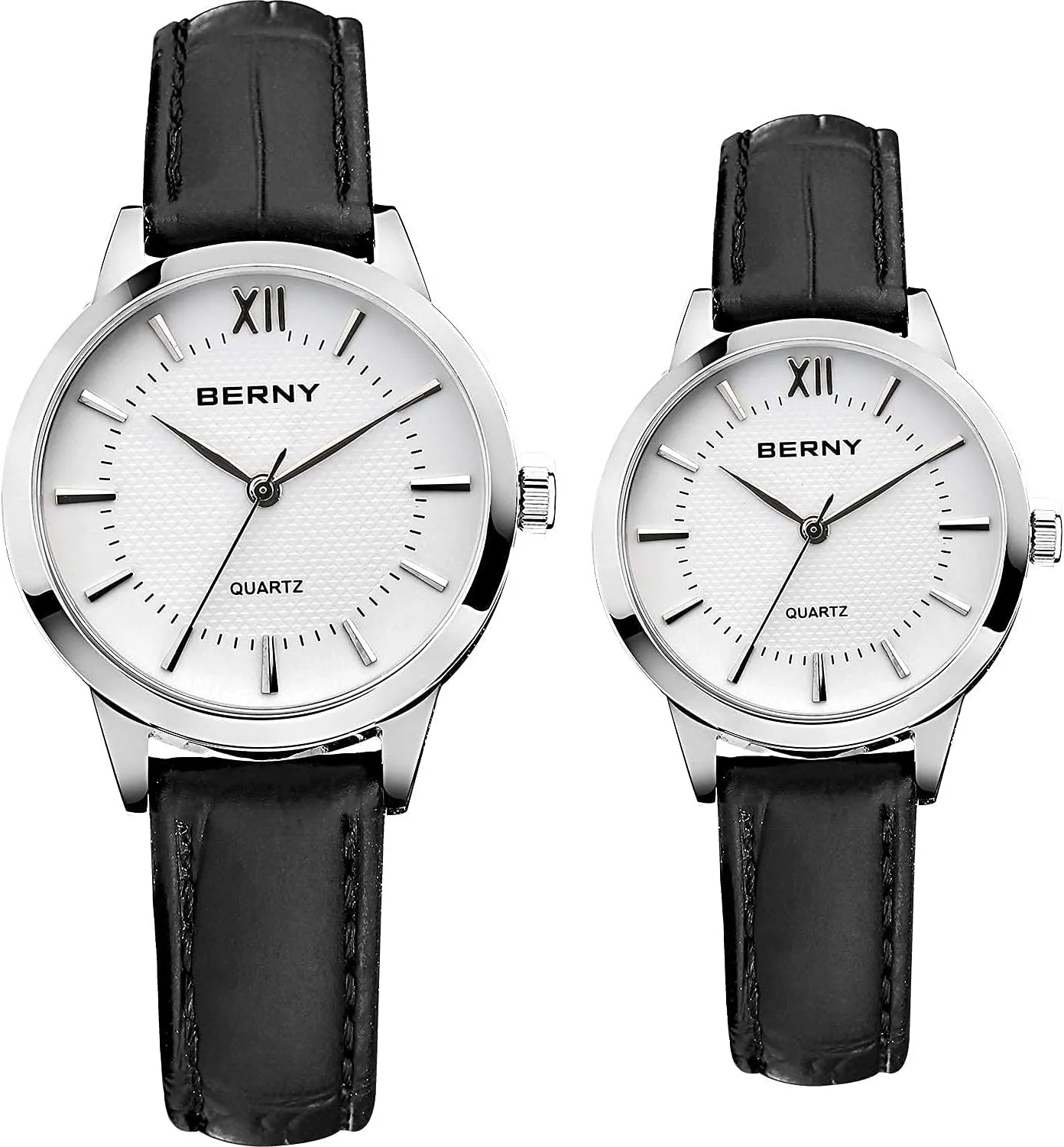 for Men and Women, Classic Simple Business Analogue Quartz Watches, Black Leather Strap- audio unprotected tire White Dial BERNY Watches 