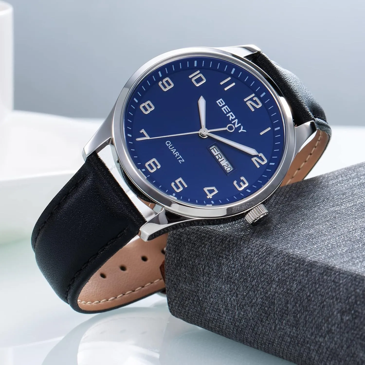 for Men BERNY Men's Easy Reader Watch Standard amend assess Analog Display Quartz Leather Strap Wristwatch Classic Elegant Day-Date Watch 