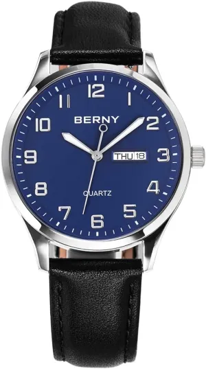 for Men BERNY Men's Easy Reader Watch Standard amend assess Analog Display Quartz Leather Strap Wristwatch Classic Elegant Day-Date Watch 