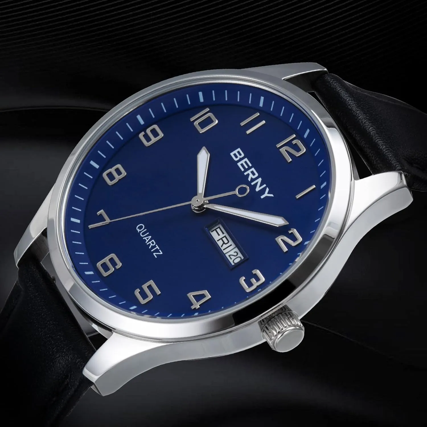 for Men BERNY Men's Easy Reader Watch Standard amend assess Analog Display Quartz Leather Strap Wristwatch Classic Elegant Day-Date Watch 