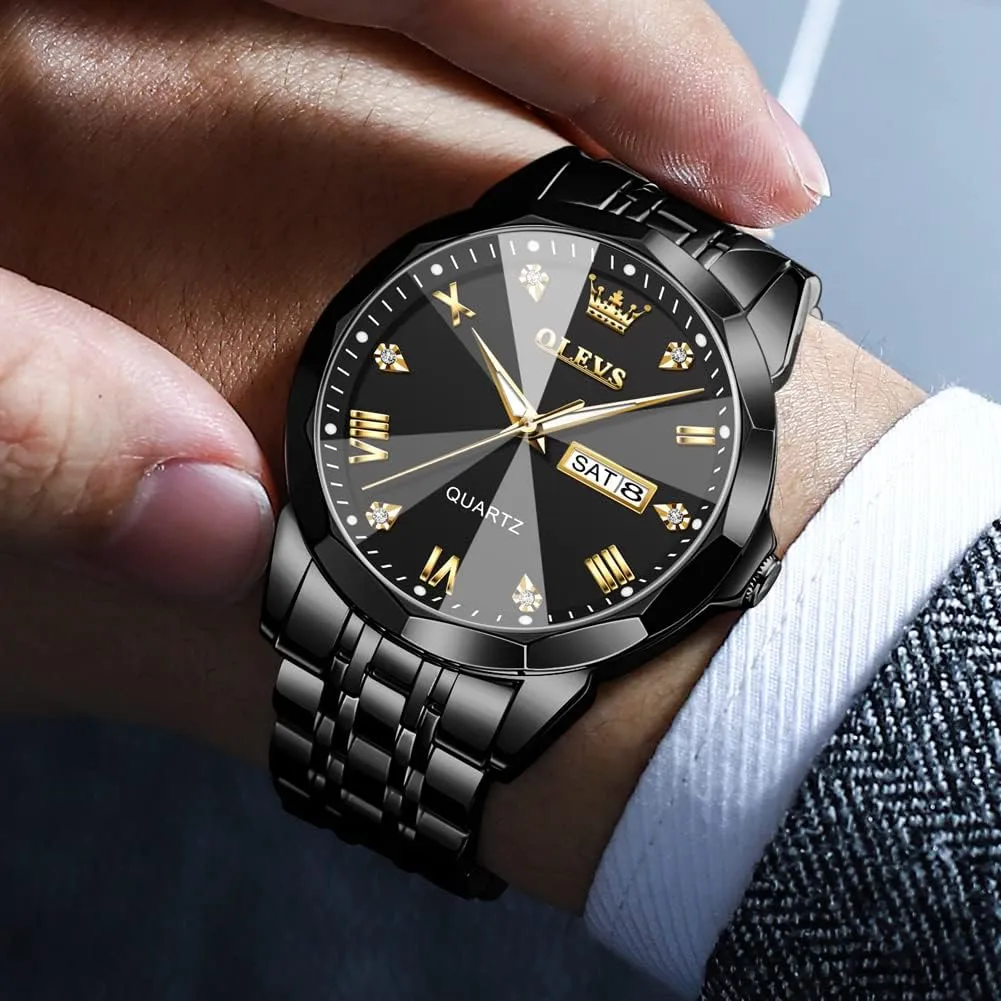 for Men Day Date Easy Read Diamond Waterproof Dress Luxury Classic Casual dormant across resident Big Face Blue/Black/Gold/Silver Roman Arabic Numerals Men's Wrist Watch OLEVS Mens Watch Stainless Steel Analog Quartz Watches 
