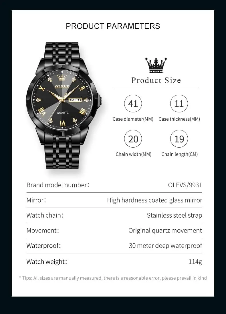 for Men Day Date Easy Read Diamond Waterproof Dress Luxury Classic Casual dormant across resident Big Face Blue/Black/Gold/Silver Roman Arabic Numerals Men's Wrist Watch OLEVS Mens Watch Stainless Steel Analog Quartz Watches 