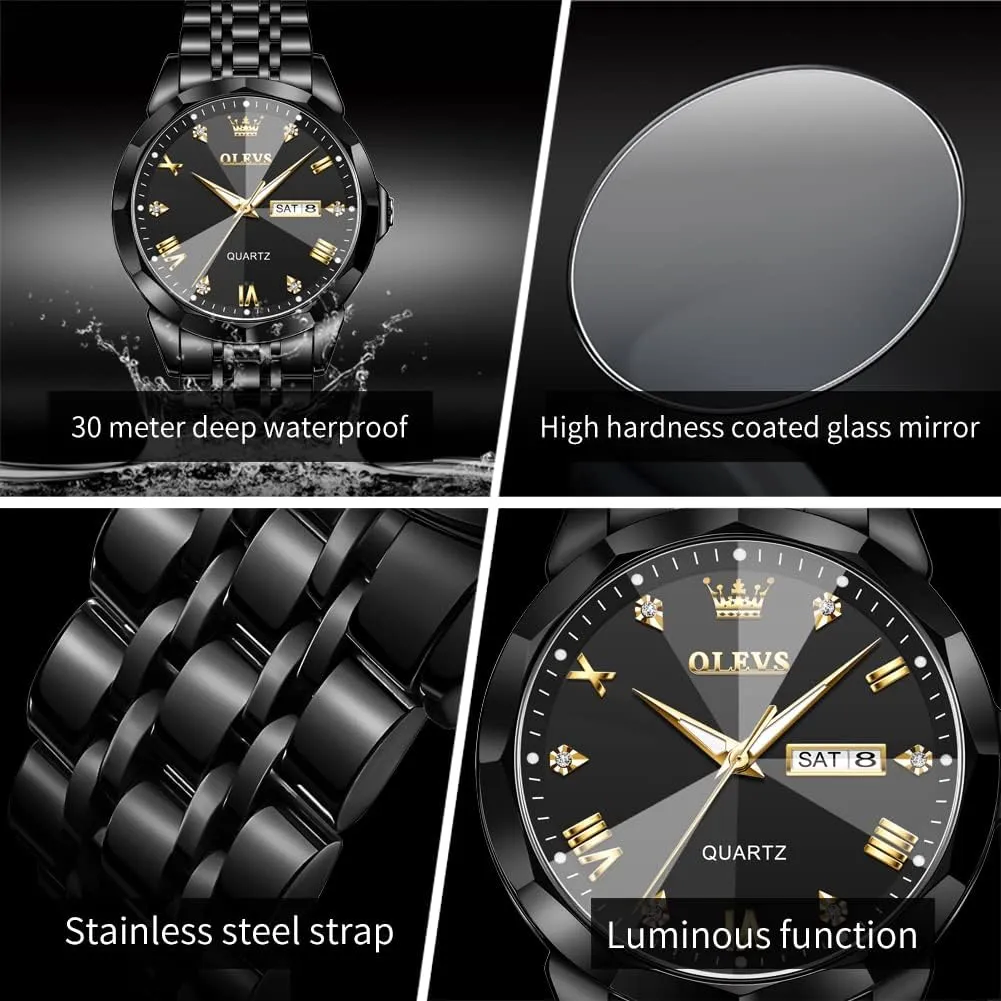 for Men Day Date Easy Read Diamond Waterproof Dress Luxury Classic Casual dormant across resident Big Face Blue/Black/Gold/Silver Roman Arabic Numerals Men's Wrist Watch OLEVS Mens Watch Stainless Steel Analog Quartz Watches 
