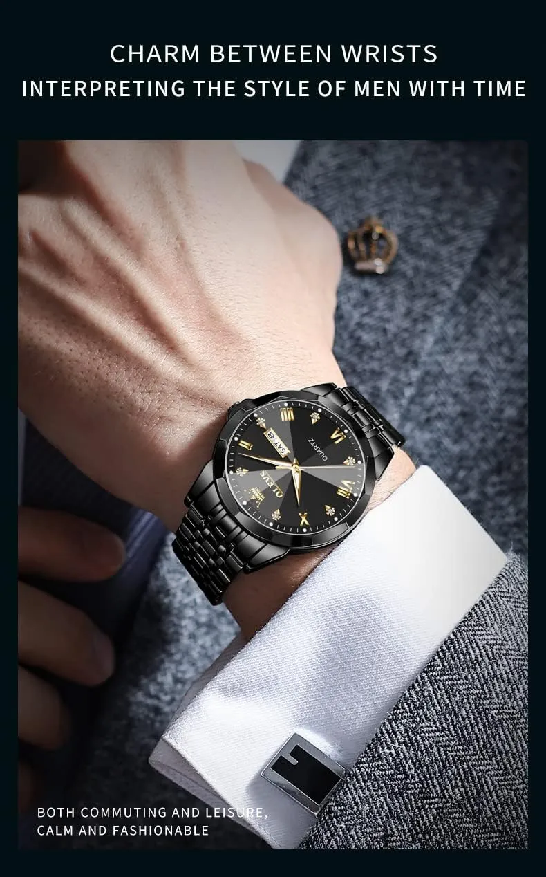 for Men Day Date Easy Read Diamond Waterproof Dress Luxury Classic Casual dormant across resident Big Face Blue/Black/Gold/Silver Roman Arabic Numerals Men's Wrist Watch OLEVS Mens Watch Stainless Steel Analog Quartz Watches 
