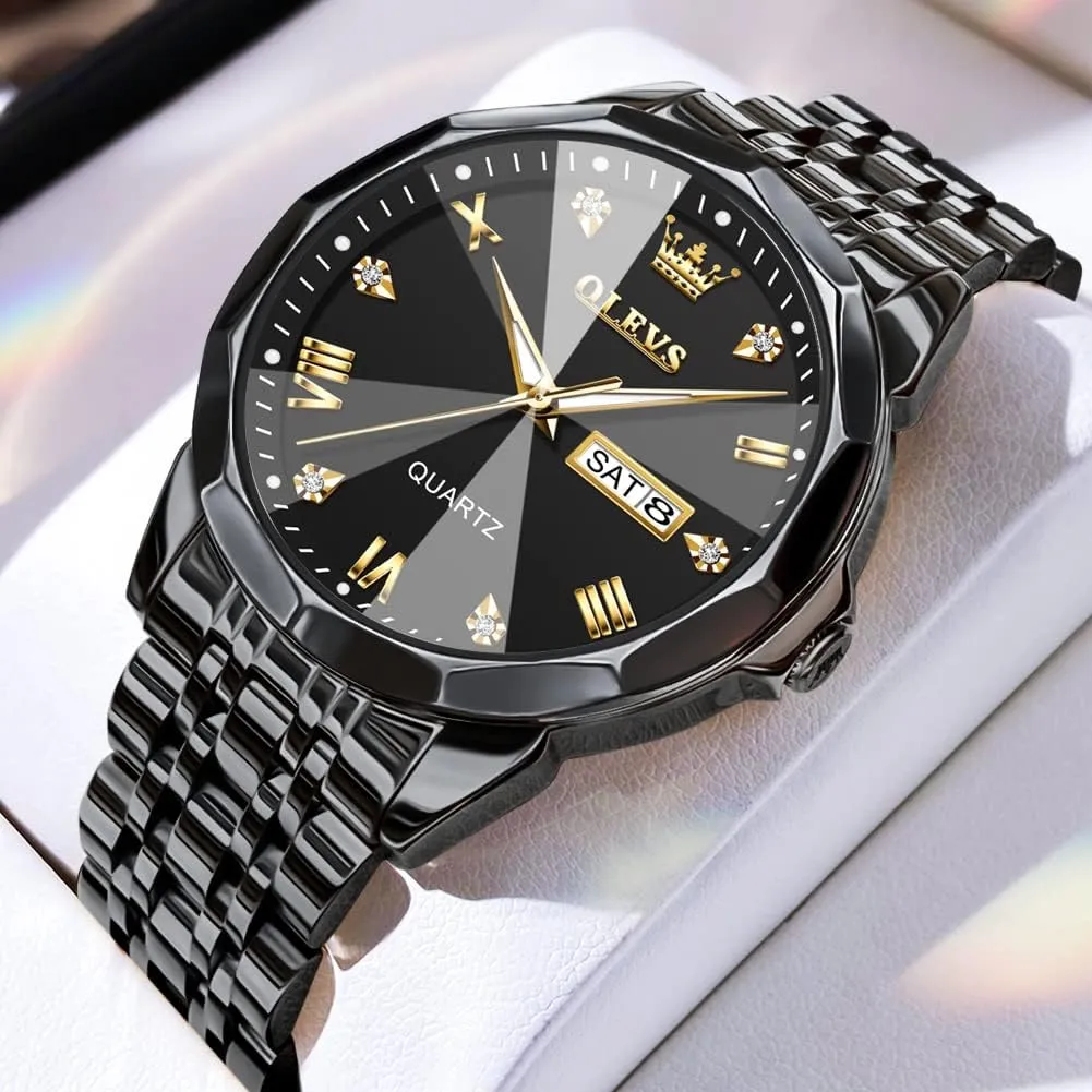 for Men Day Date Easy Read Diamond Waterproof Dress Luxury Classic Casual dormant across resident Big Face Blue/Black/Gold/Silver Roman Arabic Numerals Men's Wrist Watch OLEVS Mens Watch Stainless Steel Analog Quartz Watches 