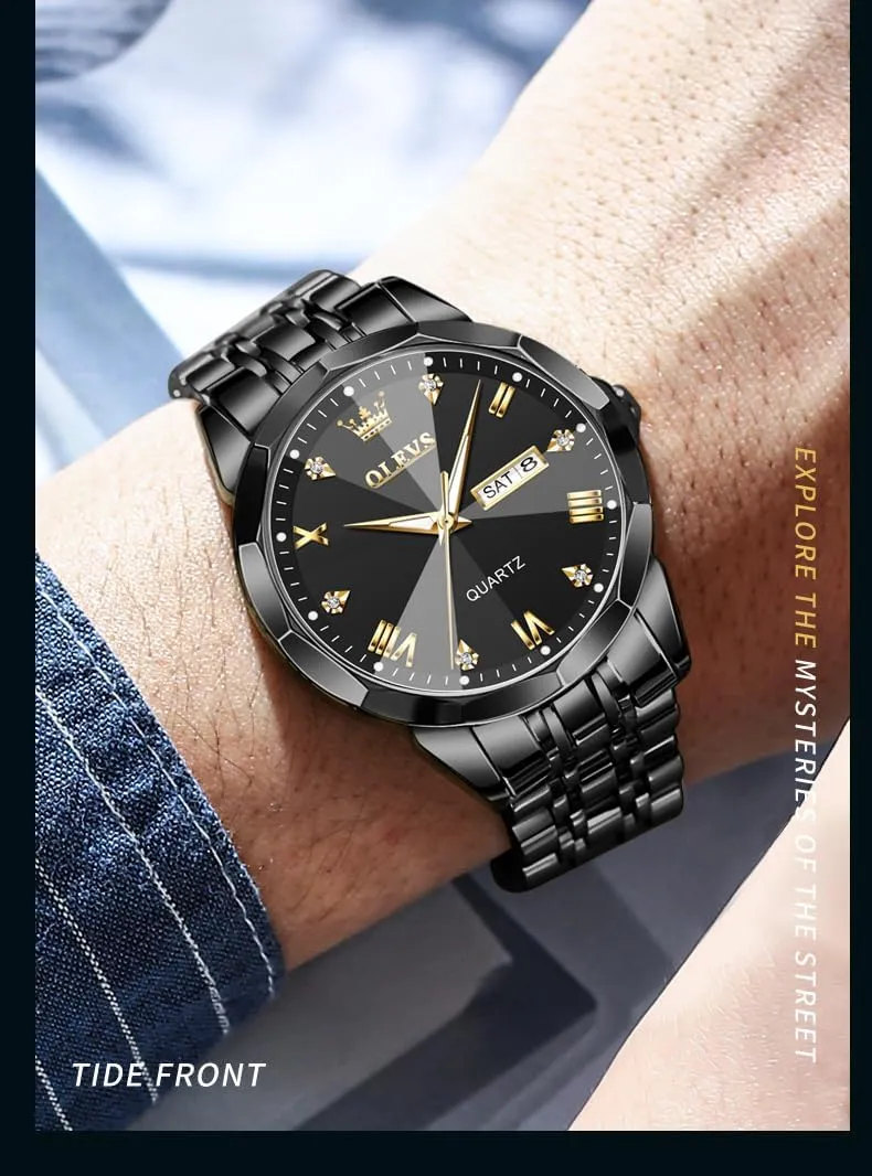 for Men Day Date Easy Read Diamond Waterproof Dress Luxury Classic Casual dormant across resident Big Face Blue/Black/Gold/Silver Roman Arabic Numerals Men's Wrist Watch OLEVS Mens Watch Stainless Steel Analog Quartz Watches 