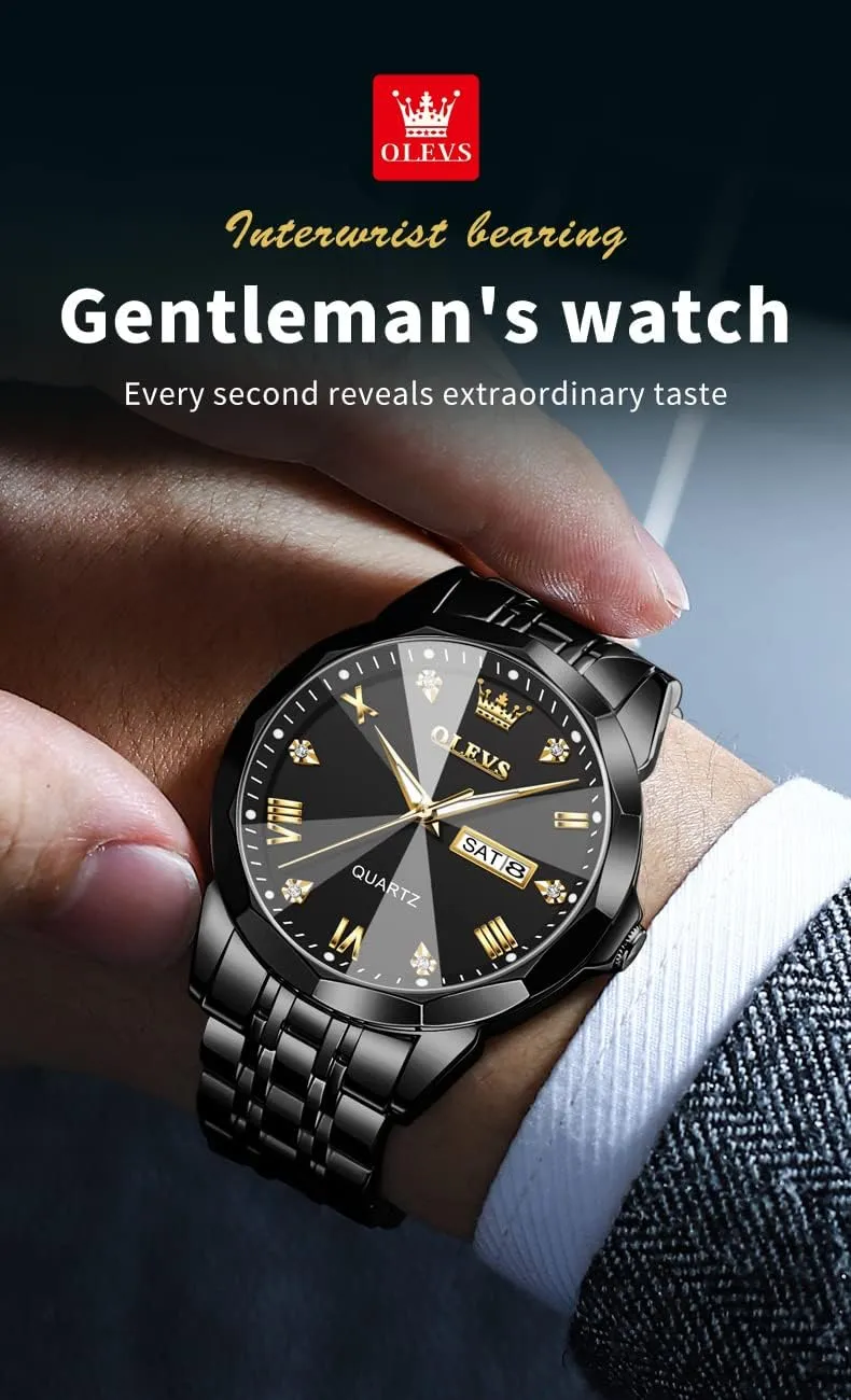 for Men Day Date Easy Read Diamond Waterproof Dress Luxury Classic Casual dormant across resident Big Face Blue/Black/Gold/Silver Roman Arabic Numerals Men's Wrist Watch OLEVS Mens Watch Stainless Steel Analog Quartz Watches 
