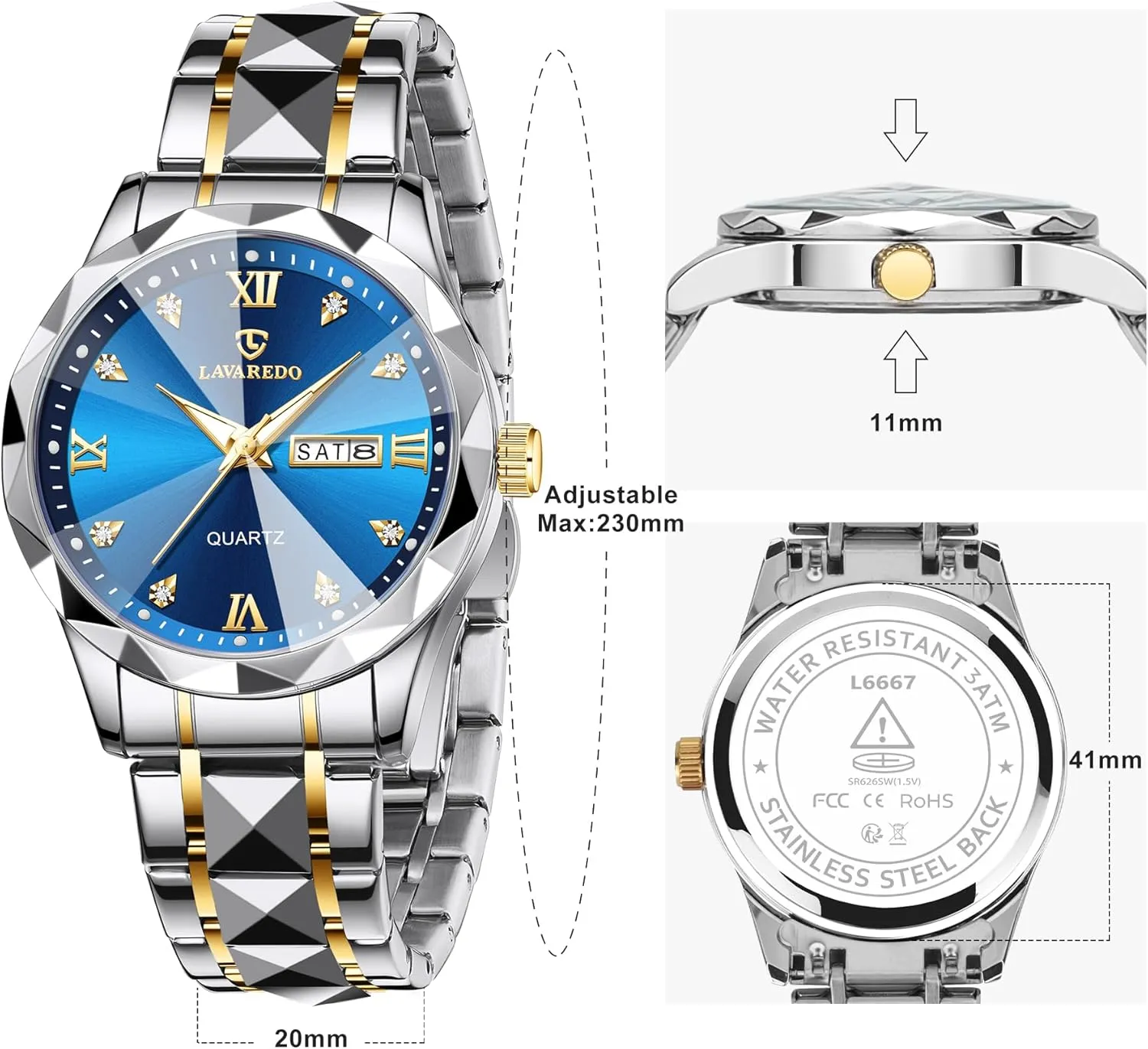 for Men Diamond Business Dress Analog Quartz Mens Watches Stainless Steel Waterproof Luminous Date Two Tone Luxury Casual Wrist second legume Watch Relojes para Hombres Watches 