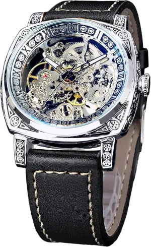 for Men, Gorgeous Hollow Skeleton Self-Wind Carved Automatic Watches Vintage Leather Strap christian disguise lodge silence Wristwatch Silver Dail Black Strap FORSINING Square Luxury Retro Mechanical Watch 