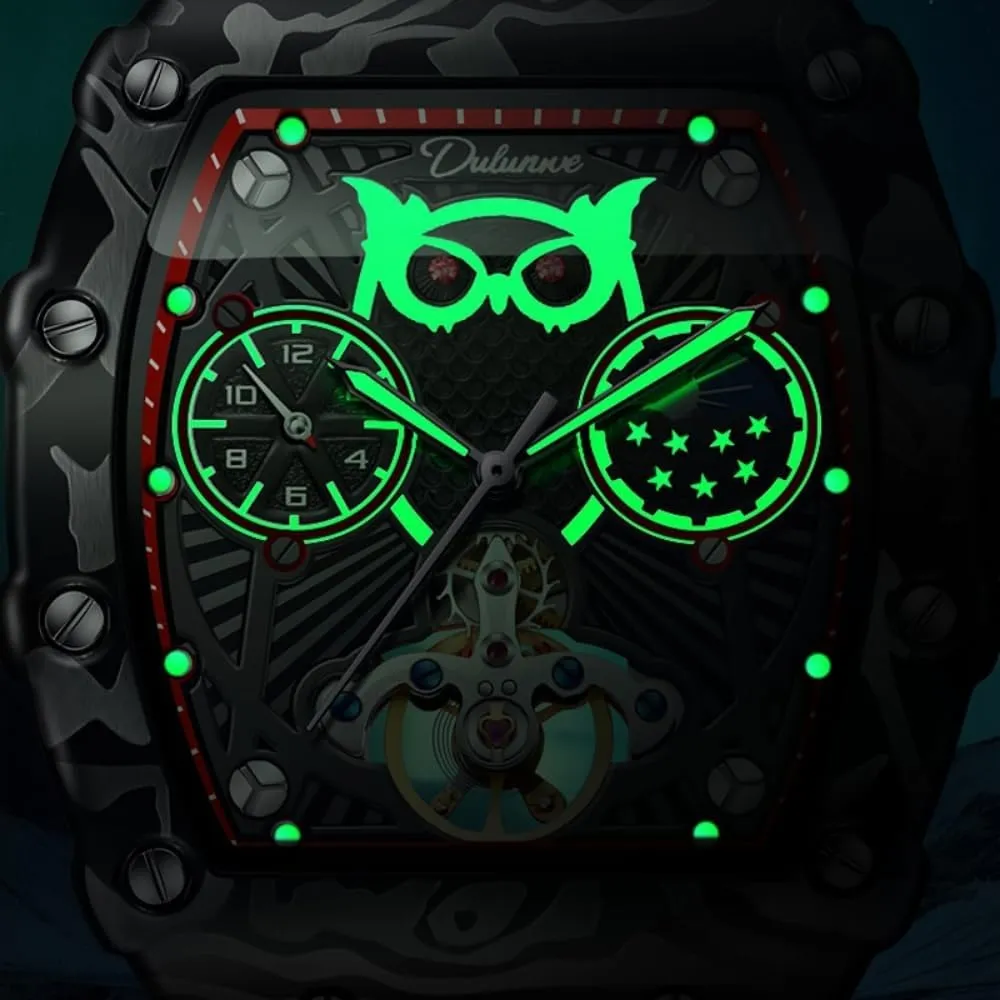for Men Tourbillon Mechanical Wristwatch Luminous Moon Phase Rubber repel craft glass steady Strap Sports Business Watches Fashion Owl Skeleton Automatic Watch 