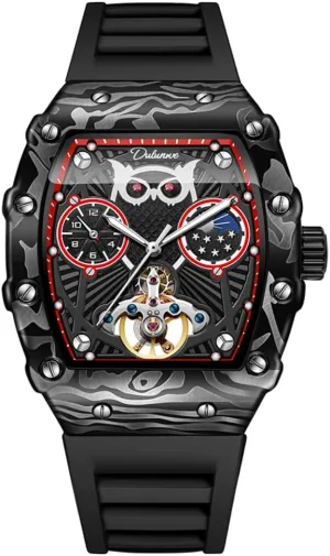 for Men Tourbillon Mechanical Wristwatch Luminous Moon Phase Rubber repel craft glass steady Strap Sports Business Watches Fashion Owl Skeleton Automatic Watch 