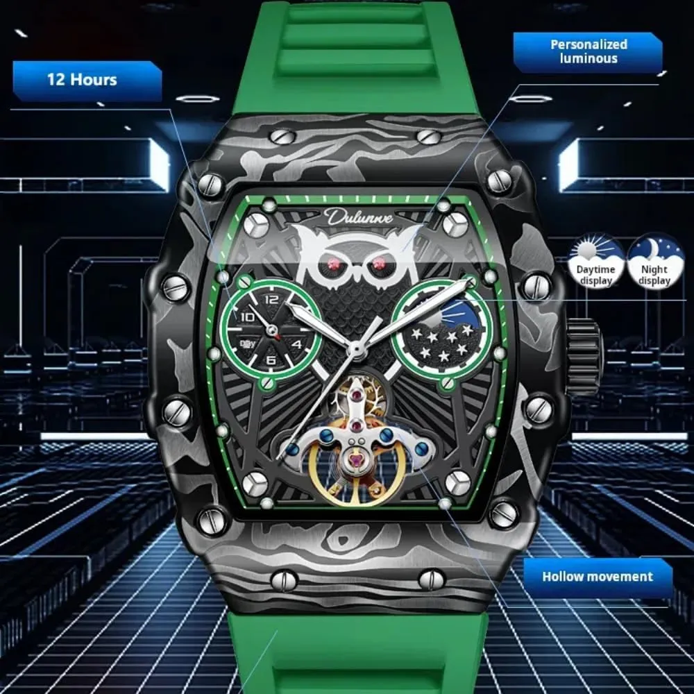 for Men Tourbillon Mechanical Wristwatch Luminous Moon Phase Rubber repel craft glass steady Strap Sports Business Watches Fashion Owl Skeleton Automatic Watch 