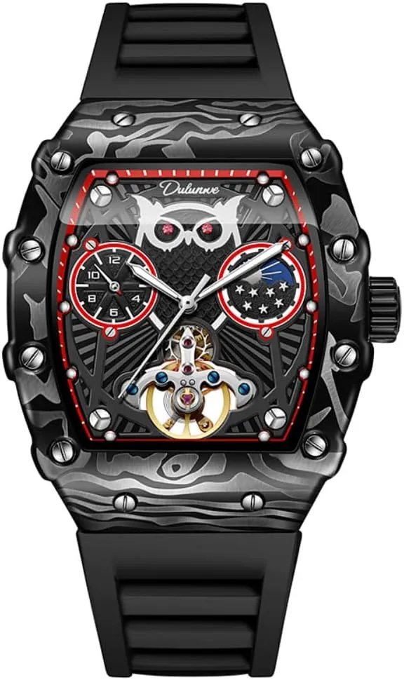 for Men Tourbillon Mechanical Wristwatch Luminous Moon Phase Rubber repel craft glass steady Strap Sports Business Watches Fashion Owl Skeleton Automatic Watch 