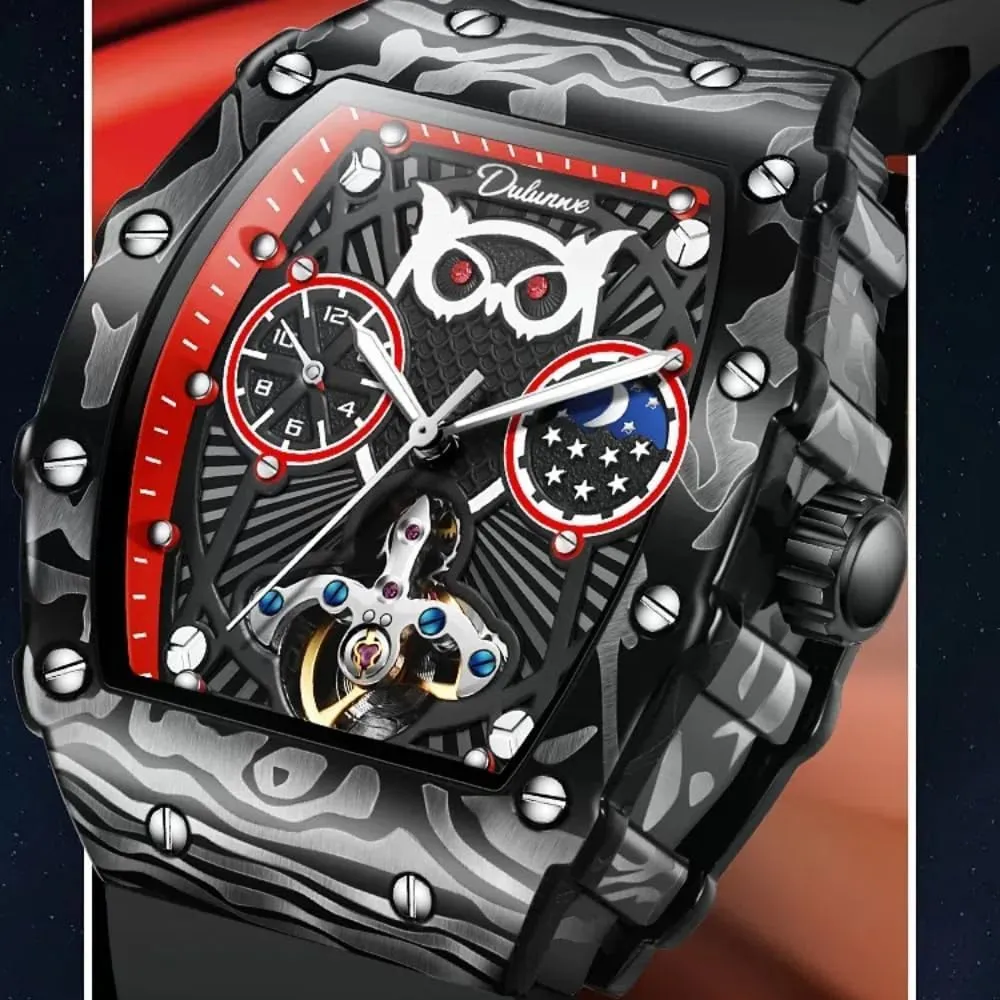 for Men Tourbillon Mechanical Wristwatch Luminous Moon Phase Rubber repel craft glass steady Strap Sports Business Watches Fashion Owl Skeleton Automatic Watch 