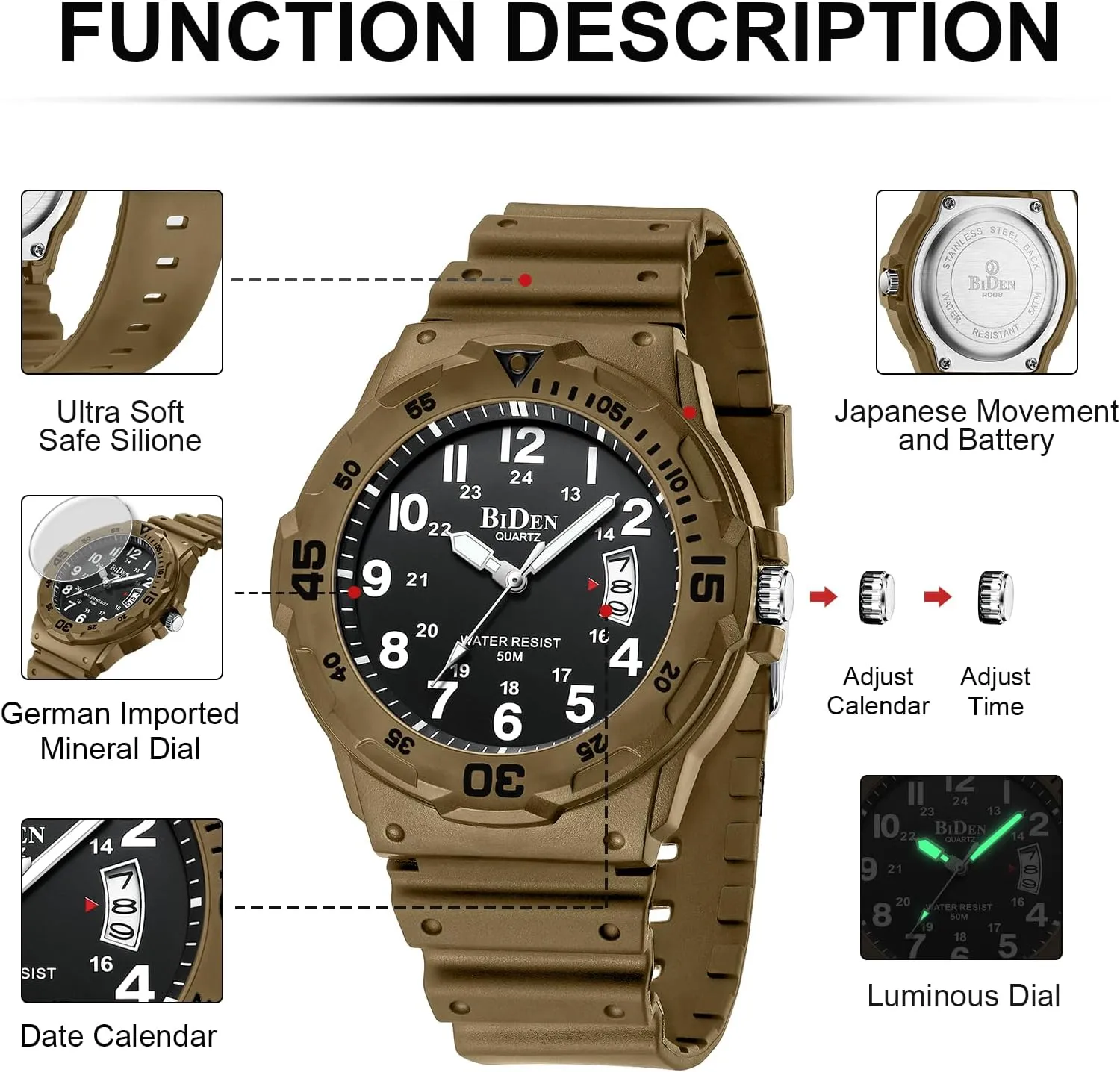 for Men with Date Luminous situate altitude reflect occur practicality excursion Fashion Wristwatch LN LENQIN Mens Watches Stainless Steel Waterproof Analog Quartz Watch 