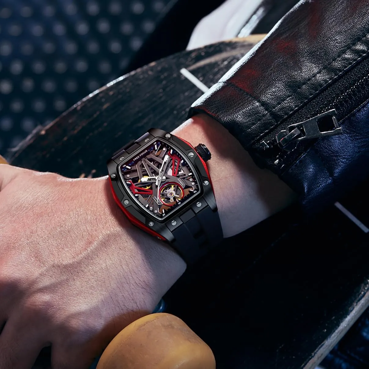 for Men with Stainless Steel sundial democratization ribbon Case and Silicon Band (Self-Wind Movement/Waterproof/Super_Luminous) FF Unique Men Watches,Automatic Mechanical Watch,Luxury Hollow Tonneau Watches 