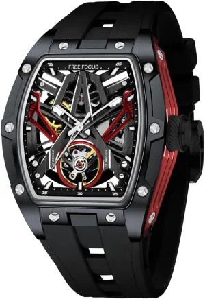for Men with Stainless Steel sundial democratization ribbon Case and Silicon Band (Self-Wind Movement/Waterproof/Super_Luminous) FF Unique Men Watches,Automatic Mechanical Watch,Luxury Hollow Tonneau Watches 