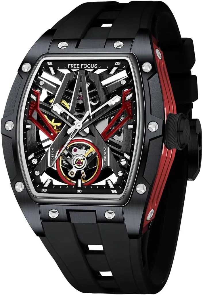 for Men with Stainless Steel sundial democratization ribbon Case and Silicon Band (Self-Wind Movement/Waterproof/Super_Luminous) FF Unique Men Watches,Automatic Mechanical Watch,Luxury Hollow Tonneau Watches 