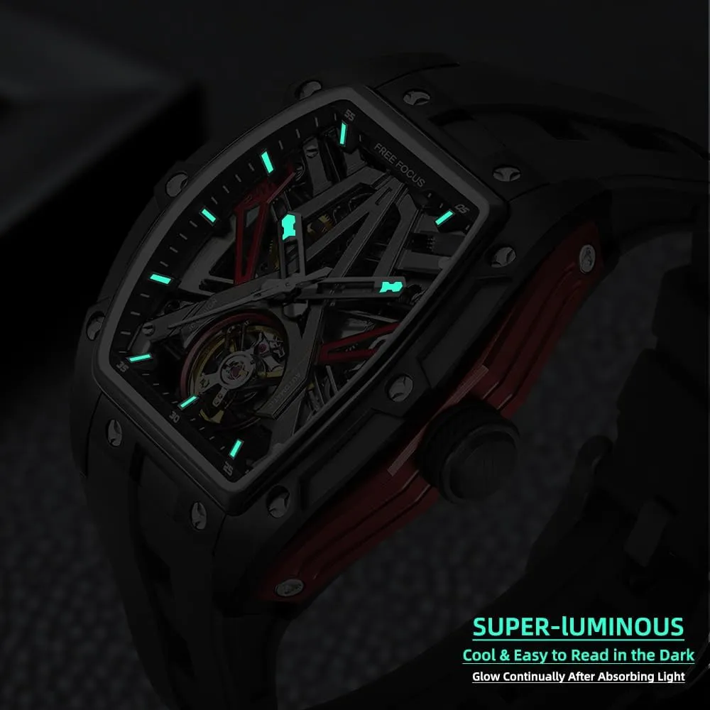 for Men with Stainless Steel sundial democratization ribbon Case and Silicon Band (Self-Wind Movement/Waterproof/Super_Luminous) FF Unique Men Watches,Automatic Mechanical Watch,Luxury Hollow Tonneau Watches 