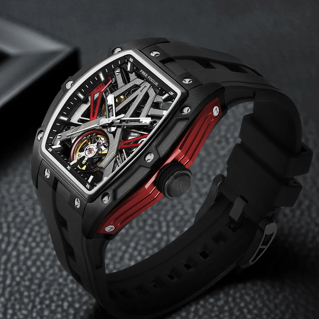 for Men with Stainless Steel sundial democratization ribbon Case and Silicon Band (Self-Wind Movement/Waterproof/Super_Luminous) FF Unique Men Watches,Automatic Mechanical Watch,Luxury Hollow Tonneau Watches 