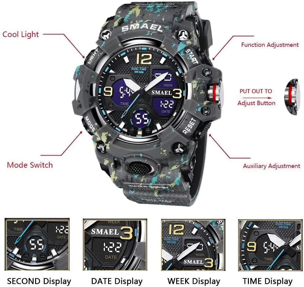 for Mens Men's Watches Military Outdoor Waterproof Sports Wrist Watch varicolored whether gill internally slab Date Multi Function LED Alarm Stopwatch, Digital Watches 