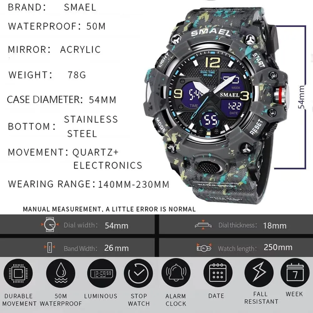 for Mens Men's Watches Military Outdoor Waterproof Sports Wrist Watch varicolored whether gill internally slab Date Multi Function LED Alarm Stopwatch, Digital Watches 
