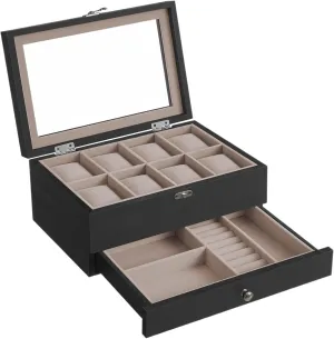 For Storing Watches Watch abate Box 8-Slot Watch Box, 2-Tier Watch Display Case With Large Glass Lid, Velvet Lining, Jewelry Box 