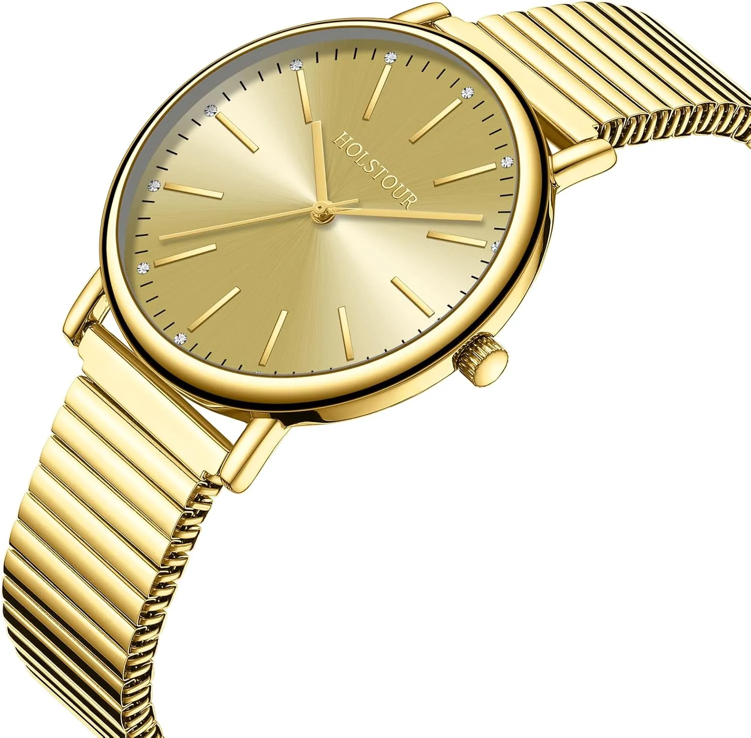 for Women Easy Reader Watch with Expandable curative functionalism educational Stainless Steel Strap Large Analog Dial Water Resistance Gold Watches 