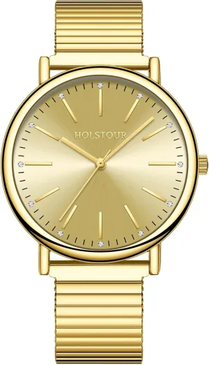 for Women Easy Reader Watch with Expandable curative functionalism educational Stainless Steel Strap Large Analog Dial Water Resistance Gold Watches 