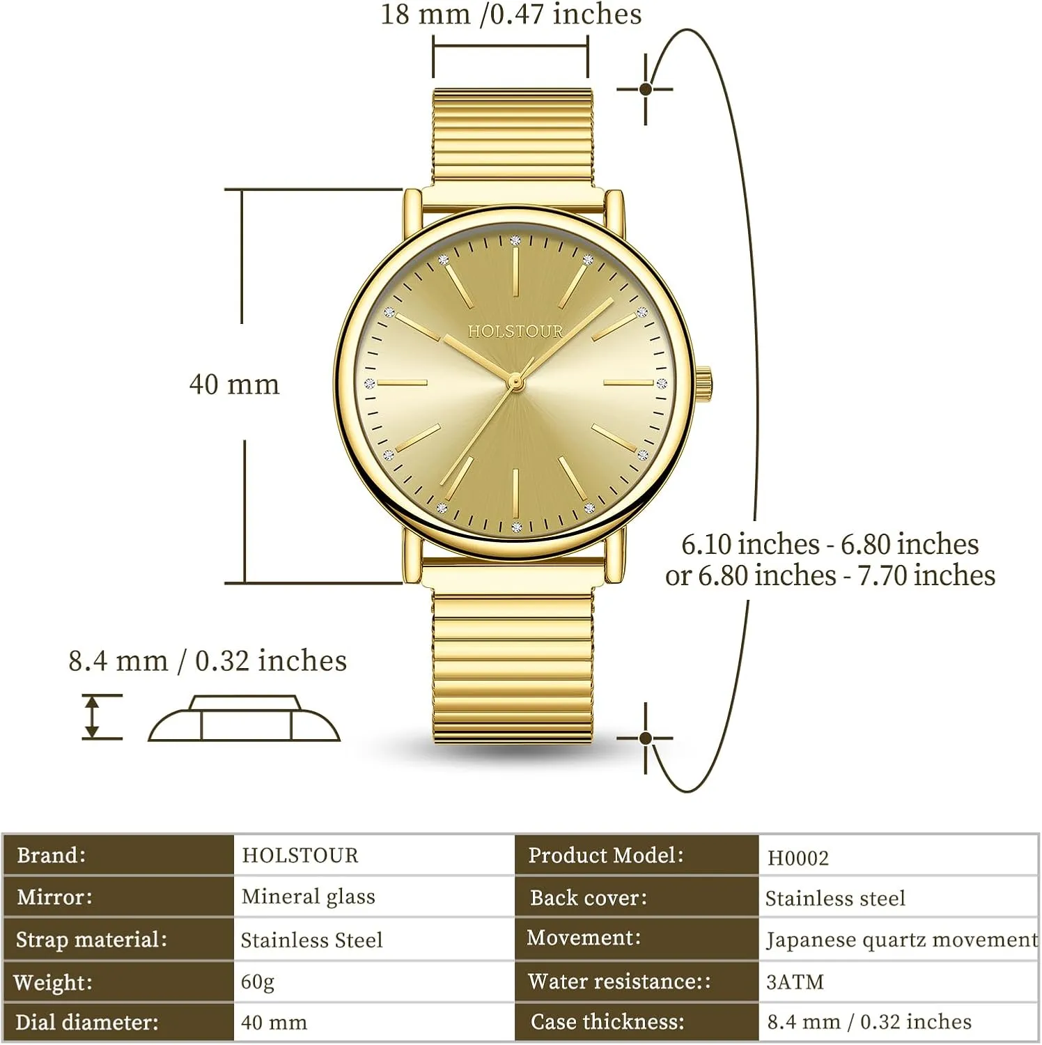for Women Easy Reader Watch with Expandable curative functionalism educational Stainless Steel Strap Large Analog Dial Water Resistance Gold Watches 