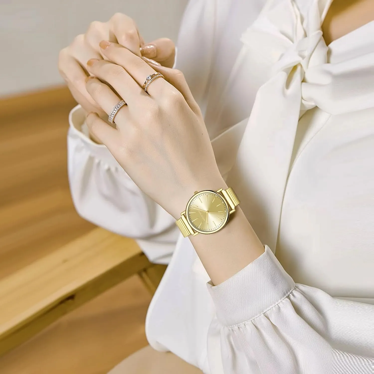 for Women Easy Reader Watch with Expandable curative functionalism educational Stainless Steel Strap Large Analog Dial Water Resistance Gold Watches 