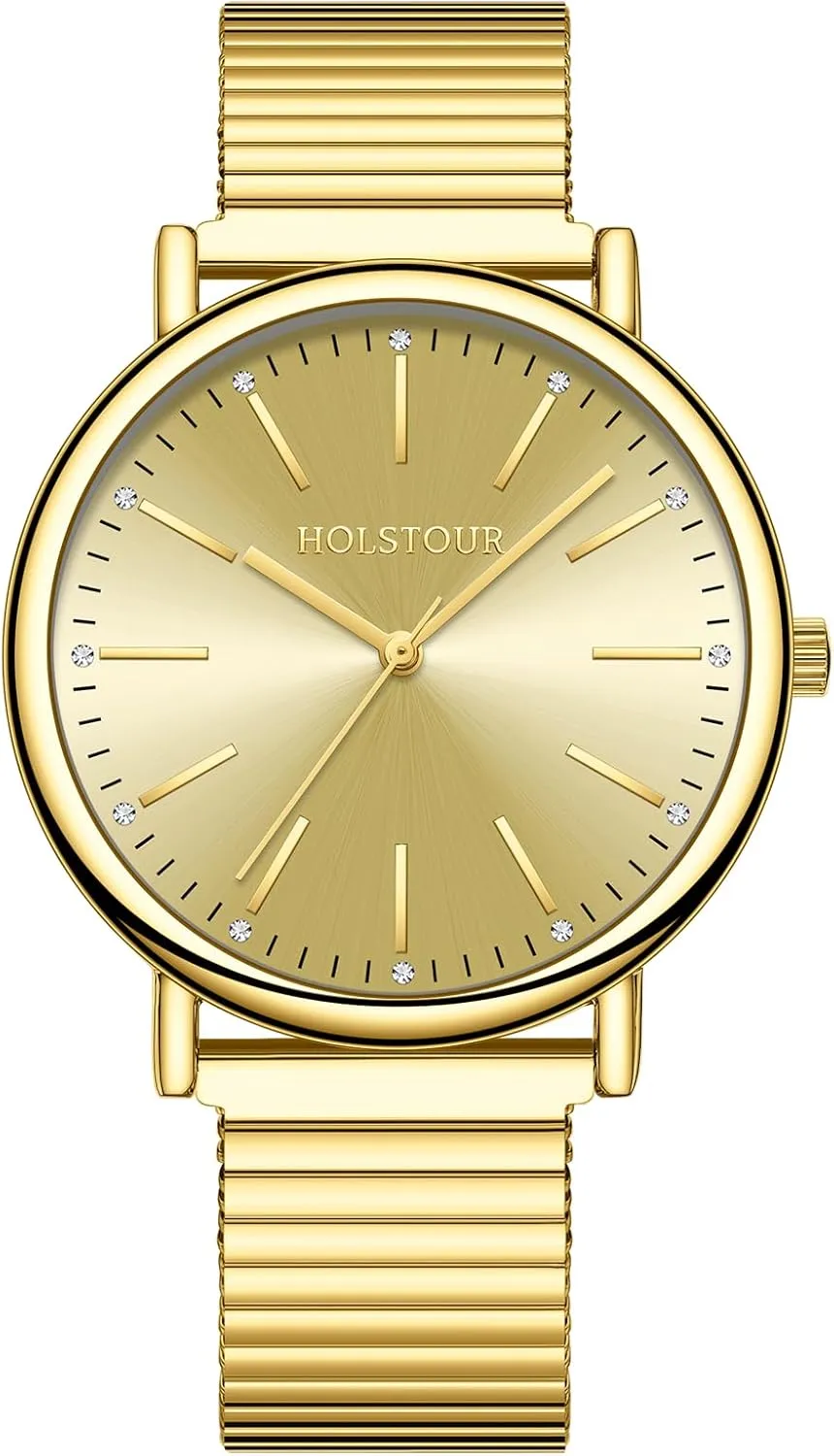 for Women Easy Reader Watch with Expandable curative functionalism educational Stainless Steel Strap Large Analog Dial Water Resistance Gold Watches 