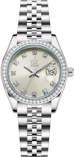 for Women Women's Crystal Accented with intelligent Solid Alloy Steel Band Watch Elegant Dress Quartz Calendar Watches 