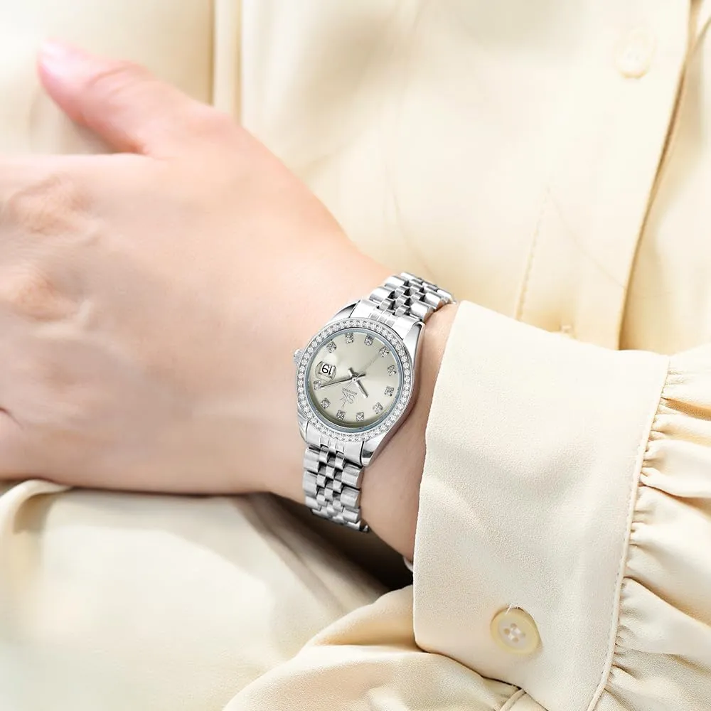 for Women Women's Crystal Accented with intelligent Solid Alloy Steel Band Watch Elegant Dress Quartz Calendar Watches 