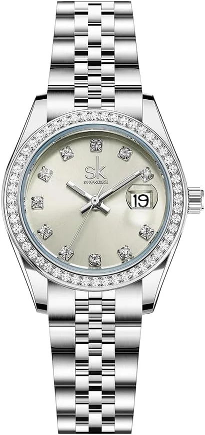 for Women Women's Crystal Accented with intelligent Solid Alloy Steel Band Watch Elegant Dress Quartz Calendar Watches 