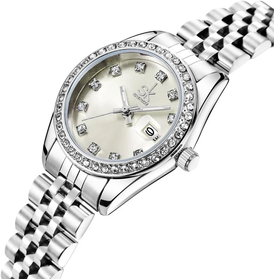 for Women Women's Crystal Accented with intelligent Solid Alloy Steel Band Watch Elegant Dress Quartz Calendar Watches 
