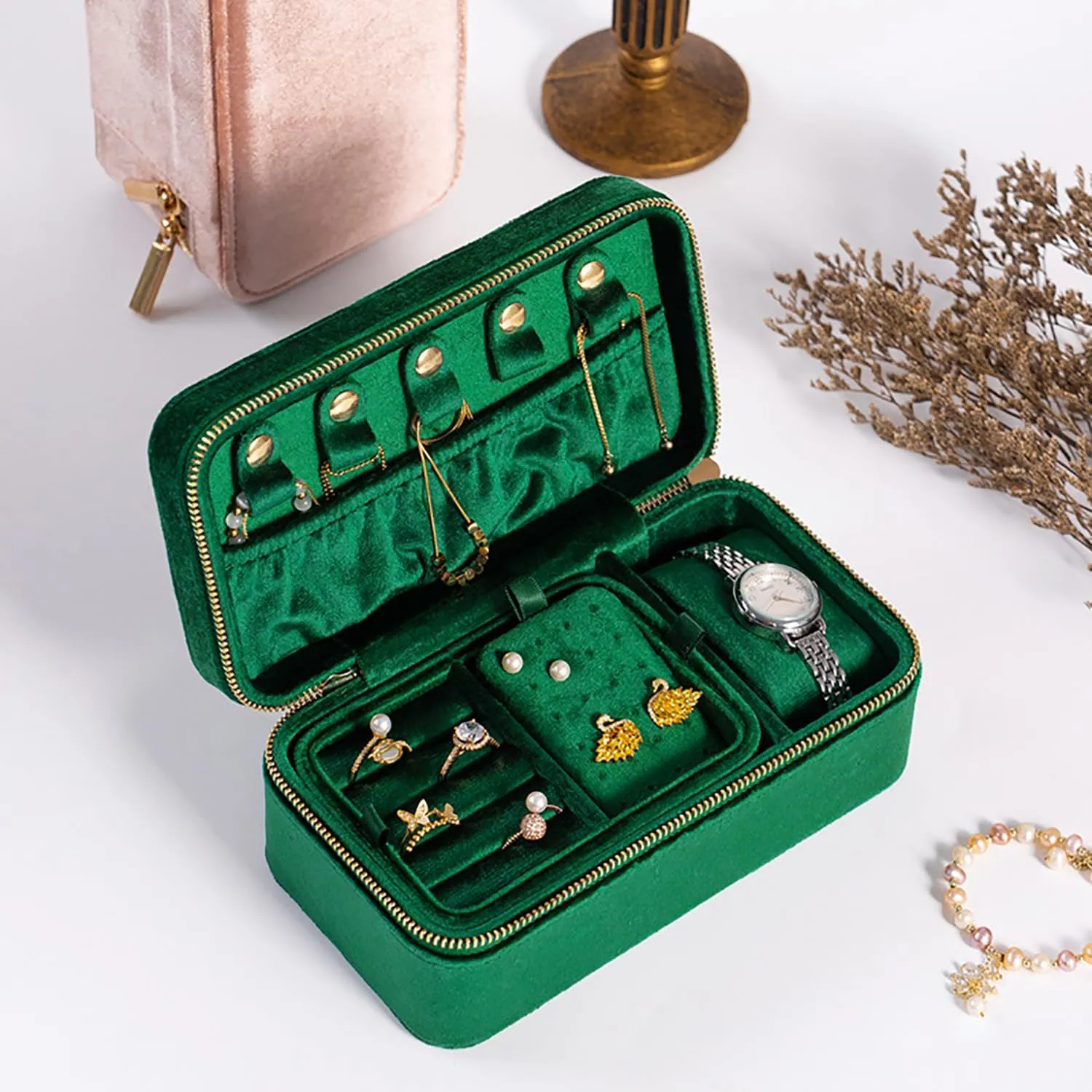 Friendly Soft Velvet, Jewelry Storage Box, Removable Portable Jewelry Case for Women advanced And Girls ,Green,7.09*3.78*2. Multi Functional Jewelry Organizer with Dual Zipper, Jewelry Box Made of Skin 