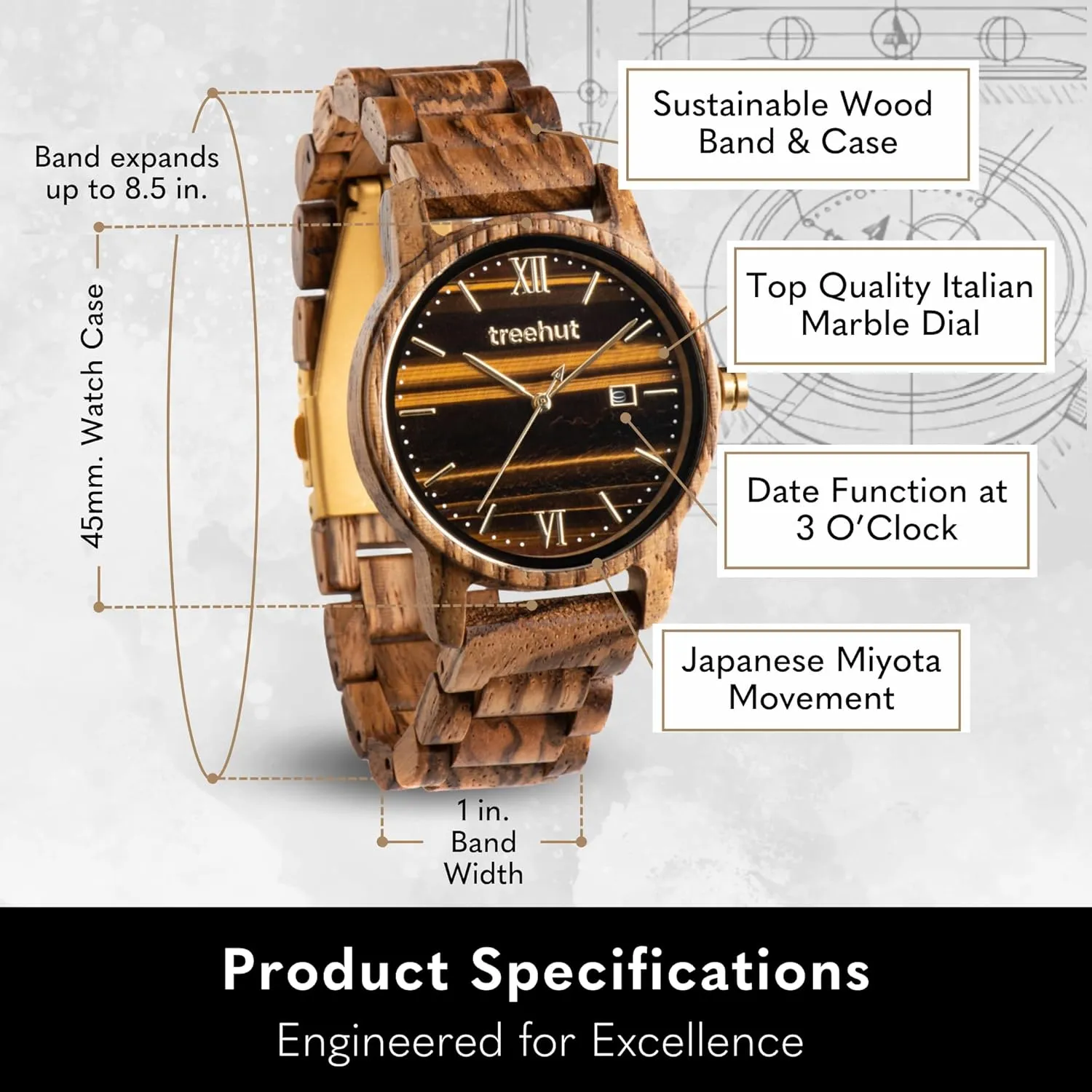from Real Wood Great Gifts for Men archaeology reference Treehut Wooden Watch for Men with Wooden Strap and Gift Box, Stainless Steel Clasp & Silver Hands ?C Japanese Quartz Analog Watch with Date ?C Wrist Watch Made 