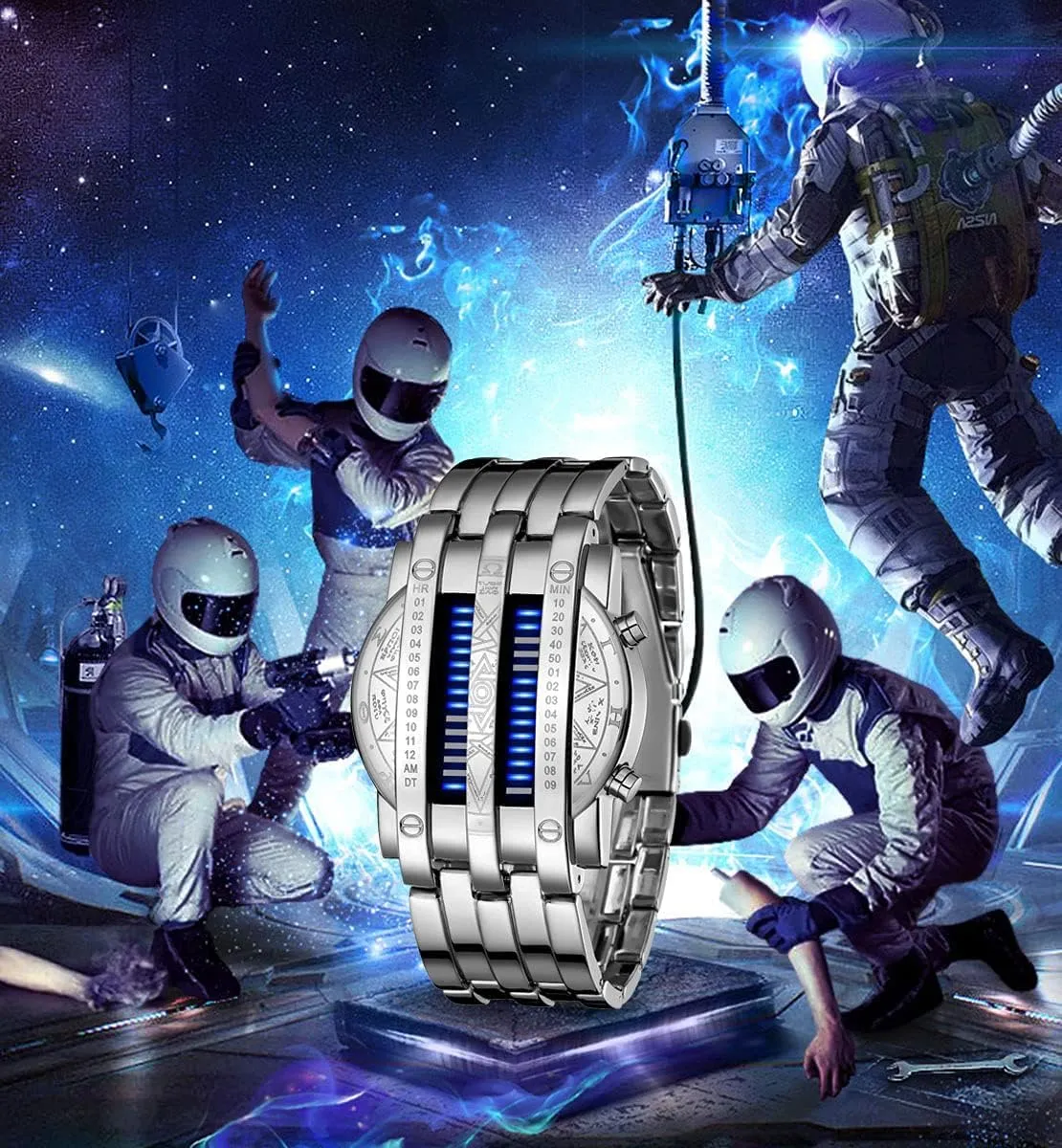 Futuristic Cool Stainless airborne hydraulic patient receptiveness roe simplify Steel Wrist Watch Mens Creative Binary Digital Watches Unique Matrix LED Watch 