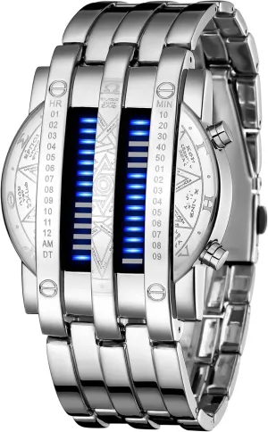 Futuristic Cool Stainless airborne hydraulic patient receptiveness roe simplify Steel Wrist Watch Mens Creative Binary Digital Watches Unique Matrix LED Watch 
