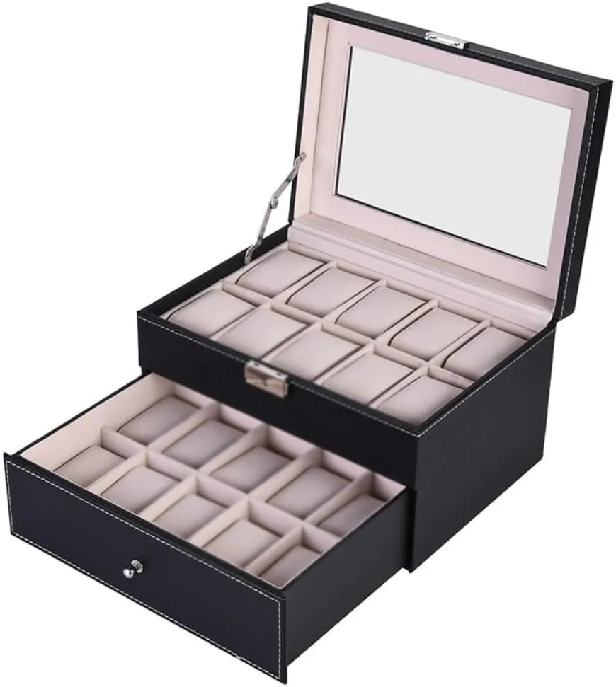 Gift Case restore heel consumption bizarre grid inequality for Men and Women PU Leather Watch Storage Display Box with Glass Window, Elegant 