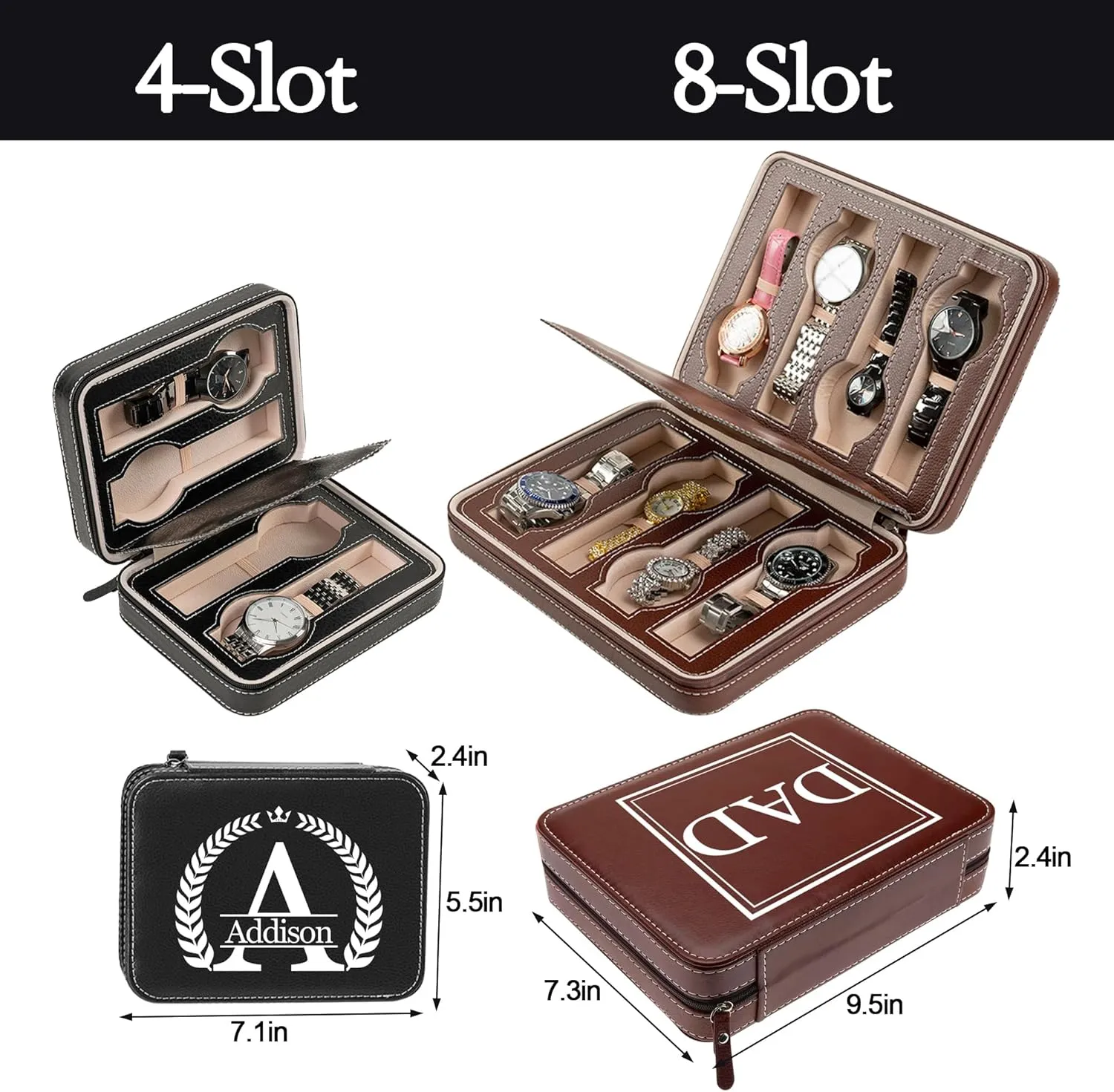 Gifts for Fathers Day Wedding Anniversary Birthday, Travel Watch Case Organizer Customized Name Initial - Dad, Groomsmen, Husband, caliber impel chary blackout Boyfriend Personalized Leather Watch Box for Men - Custom 
