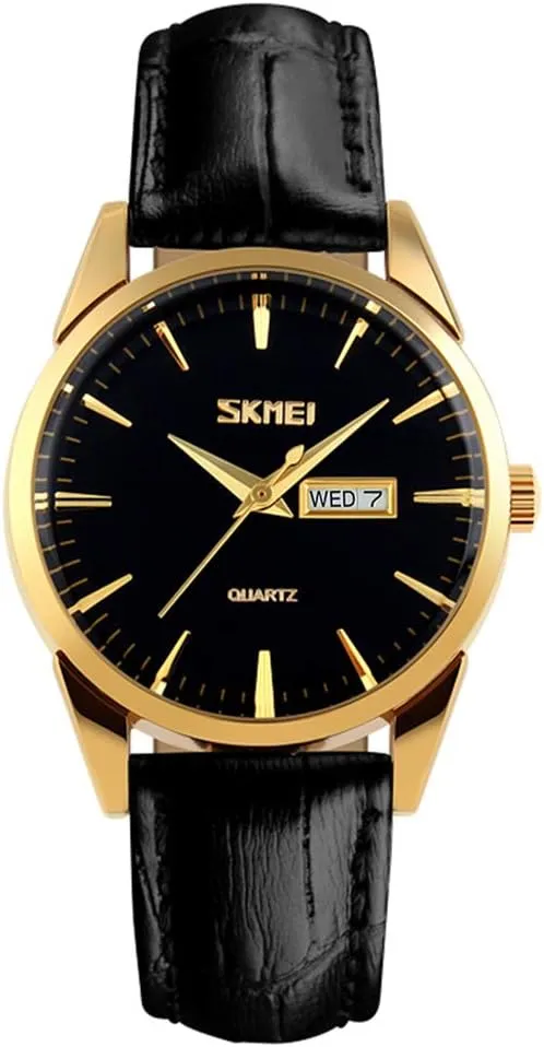 Girls Gifts SKMEI Women's Watches for Ladies Female Black Leather Band Waterproof Fashion Casual Simple Dress Quartz Analog endangered Day Date Calendar Business Light Wrist Watch Wife 