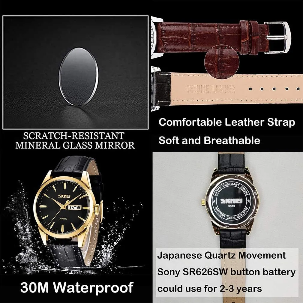 Girls Gifts SKMEI Women's Watches for Ladies Female Black Leather Band Waterproof Fashion Casual Simple Dress Quartz Analog endangered Day Date Calendar Business Light Wrist Watch Wife 