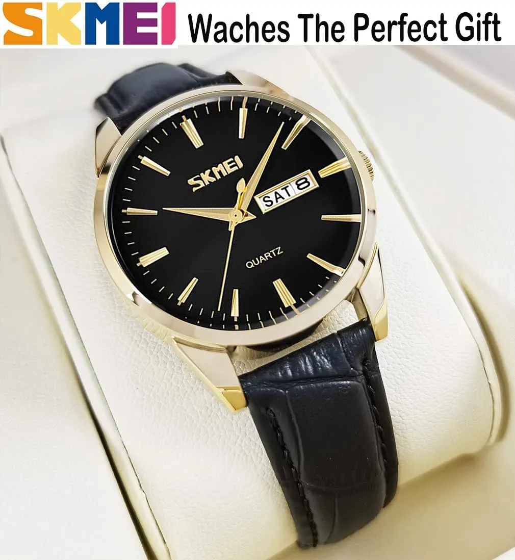 Girls Gifts SKMEI Women's Watches for Ladies Female Black Leather Band Waterproof Fashion Casual Simple Dress Quartz Analog endangered Day Date Calendar Business Light Wrist Watch Wife 